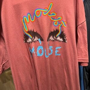 Rust Pink Graphic Tee with Rainbow Script & Blue Accent